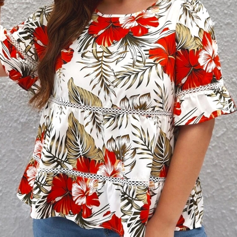 Floral Print Flounce Sleeve Peplum Blouse